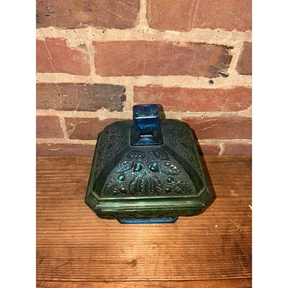 Jeannette Blue Green Glass Footed Candy Dish Grape Leaf - Picture 2 of 9